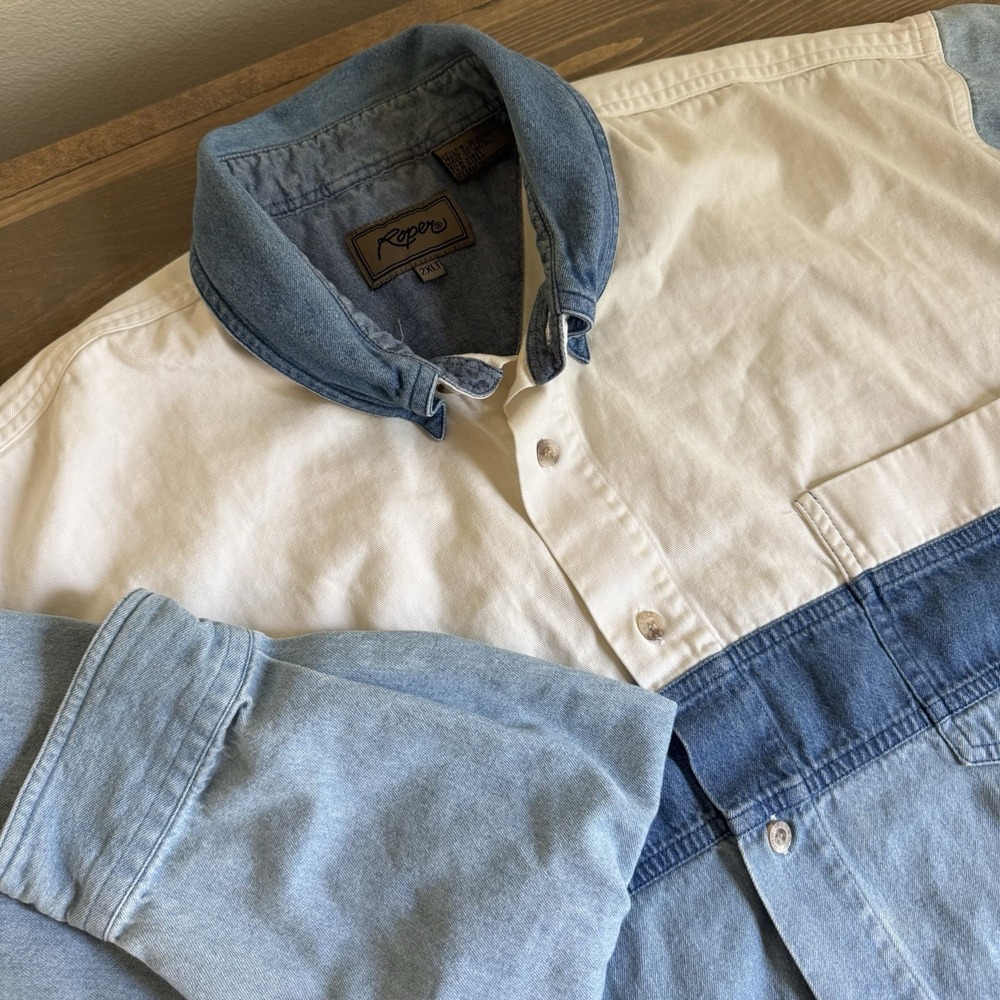 Roper Men's 2XLT White Blue Denim Vintage Long Sleeve Button Up Shirt